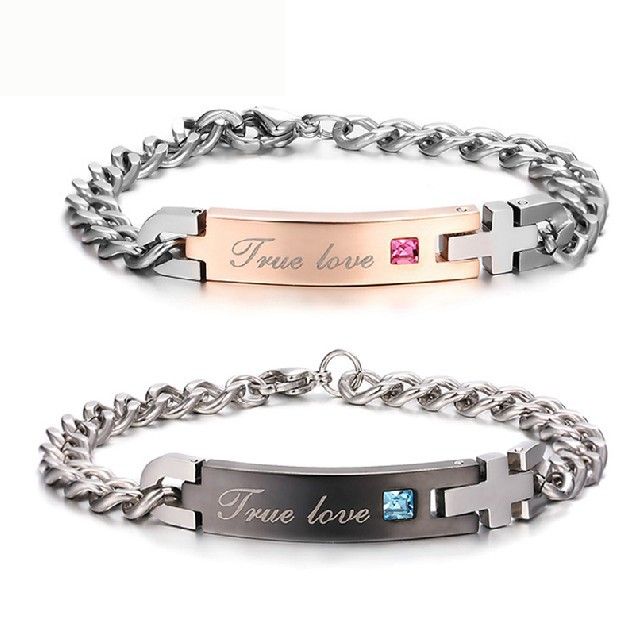 Nouveau Bracelet De Couple Gravé `` True Love '' En Acier Inoxydable De Style Simple (prix Pour Une Paire)